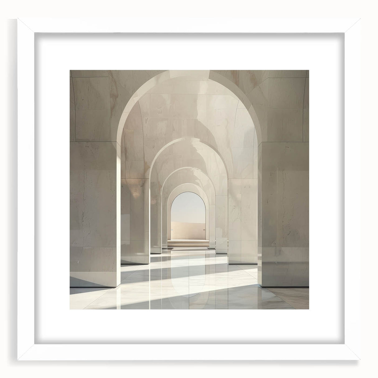 Extra large abstract art print featuring textured arches in monochrome shades, framed in white.