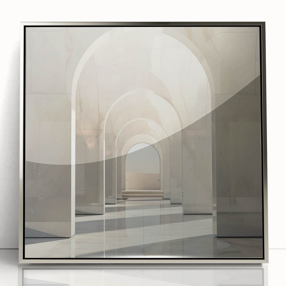 Art deco poster of silver arches in acrylic frame, muted gray tones, ideal for modern art wall decor.