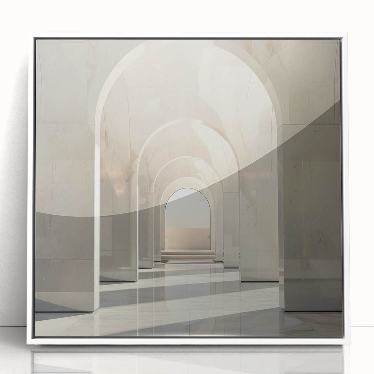 Mid-century modernist arches in neutral shades on a large framed acrylic print.