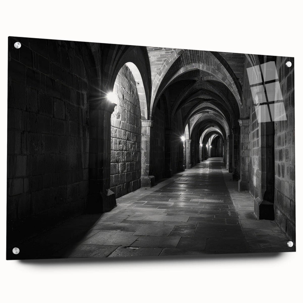 Acrylic print of large abstract wall art featuring architectural arches in muted gray tones.