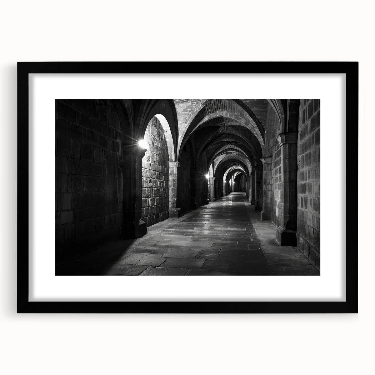 Extra large abstract art print featuring colorful textured arches, displayed in a black frame with mat.