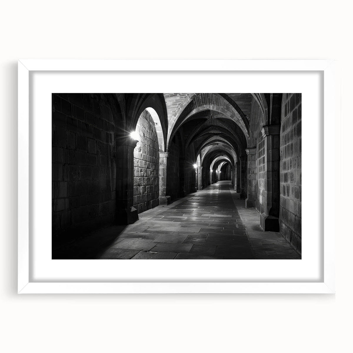 Extra large abstract art print featuring textured arch designs in neutral tones, framed in white.