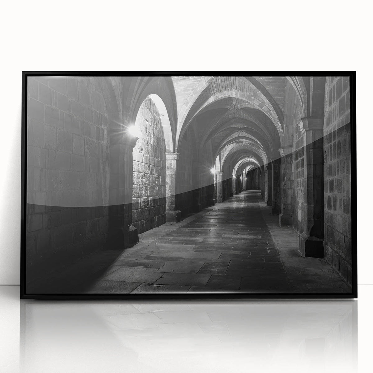 Large abstract wall art featuring bold geometric arches in black and white, framed acrylic.