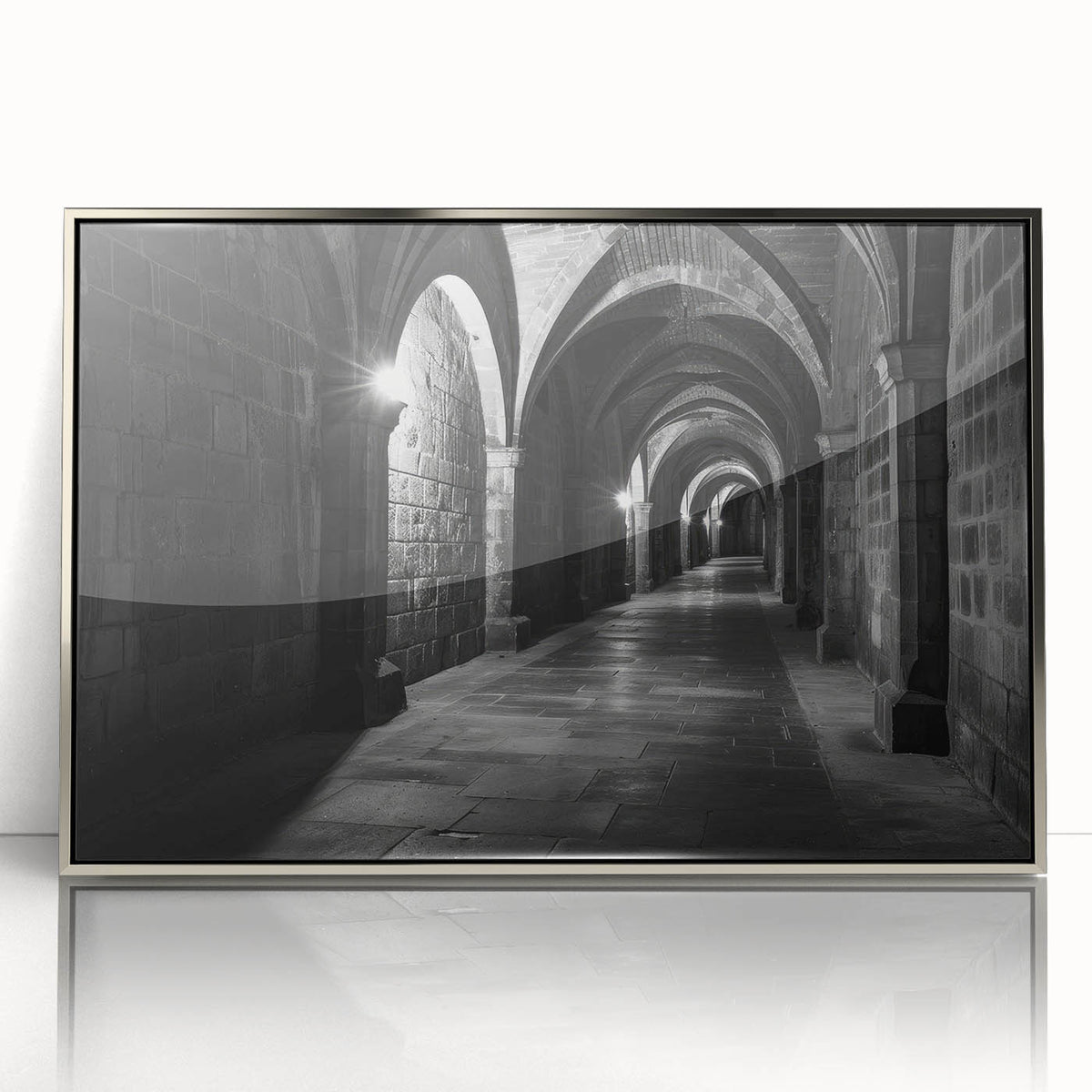 Art deco poster featuring silver arches on an acrylic frame, in muted metallic tones, suitable for modern nursery decor.