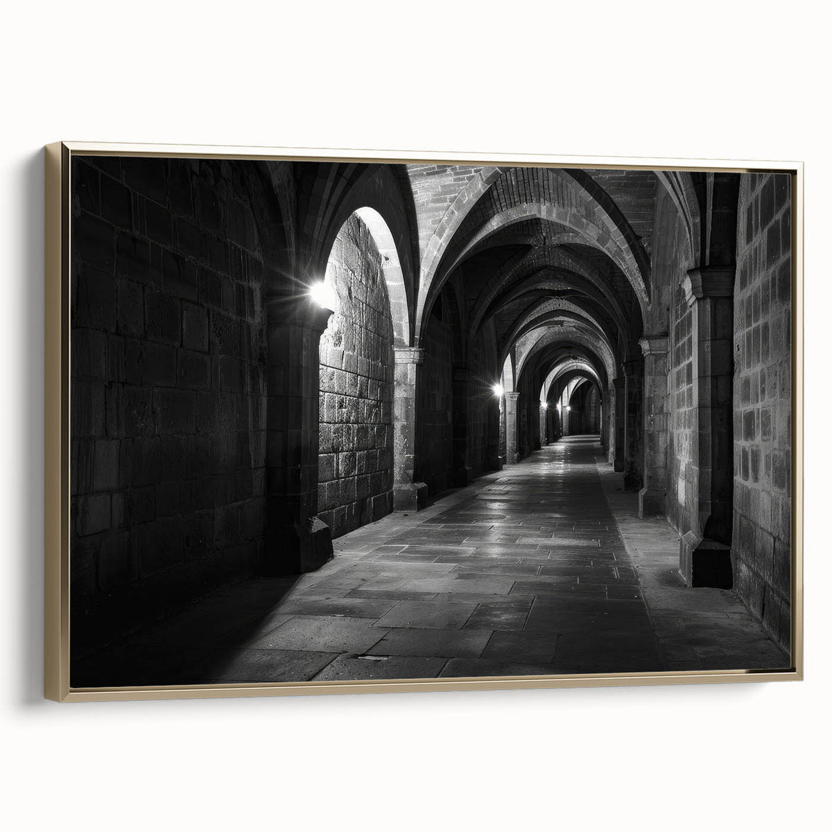 Vintage poster art featuring colorful arches in gold frame, ideal for living room decor.