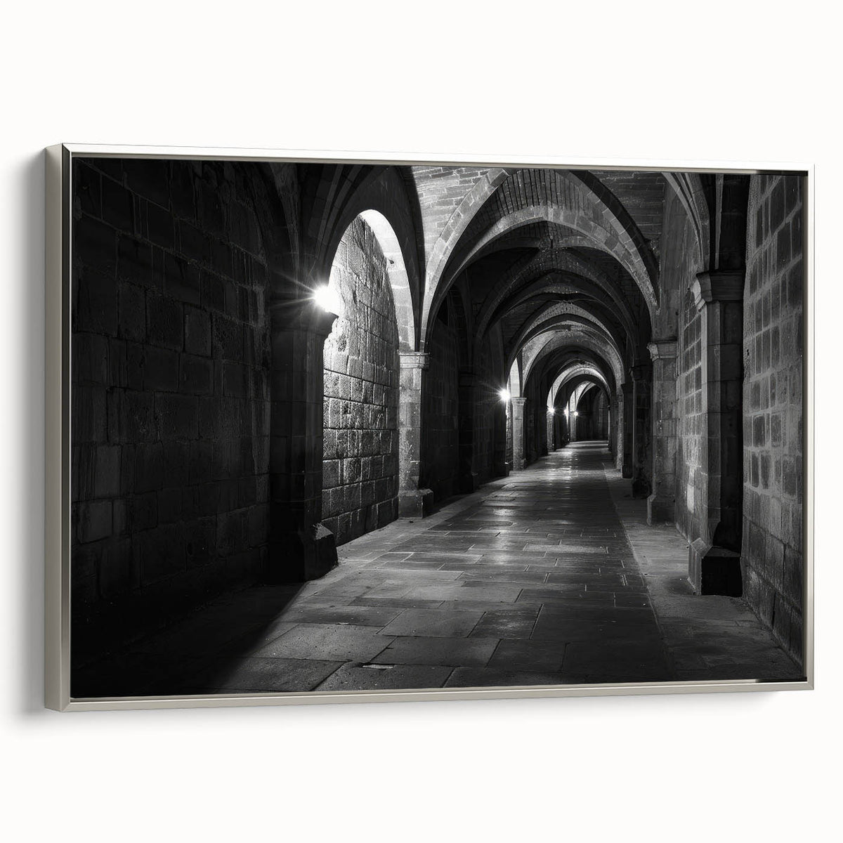 Vintage poster art of architectural arches in black and white, framed canvas, ideal for bedroom wall decor.