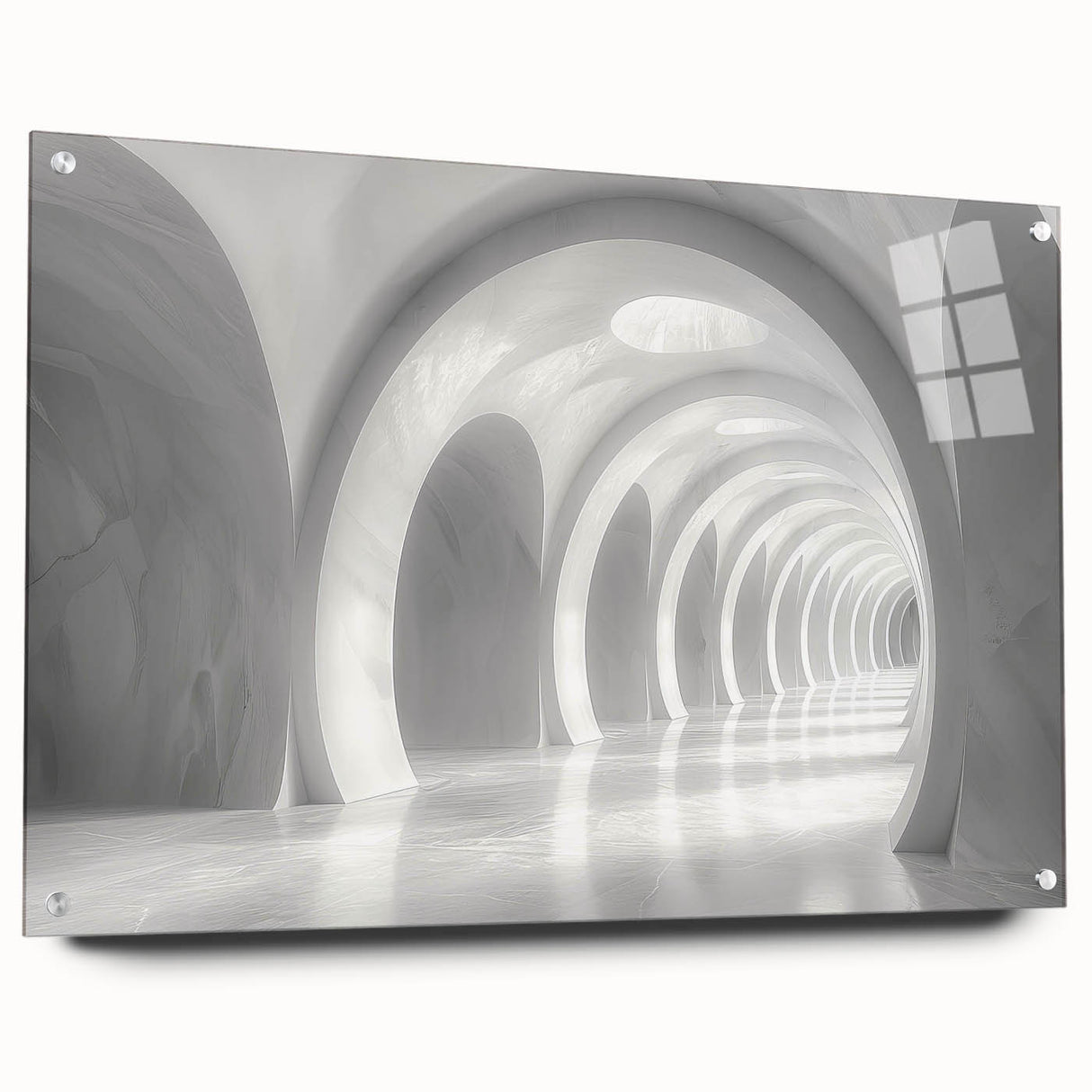 Large abstract wall art featuring geometric arch designs in neutral tones on acrylic glass.