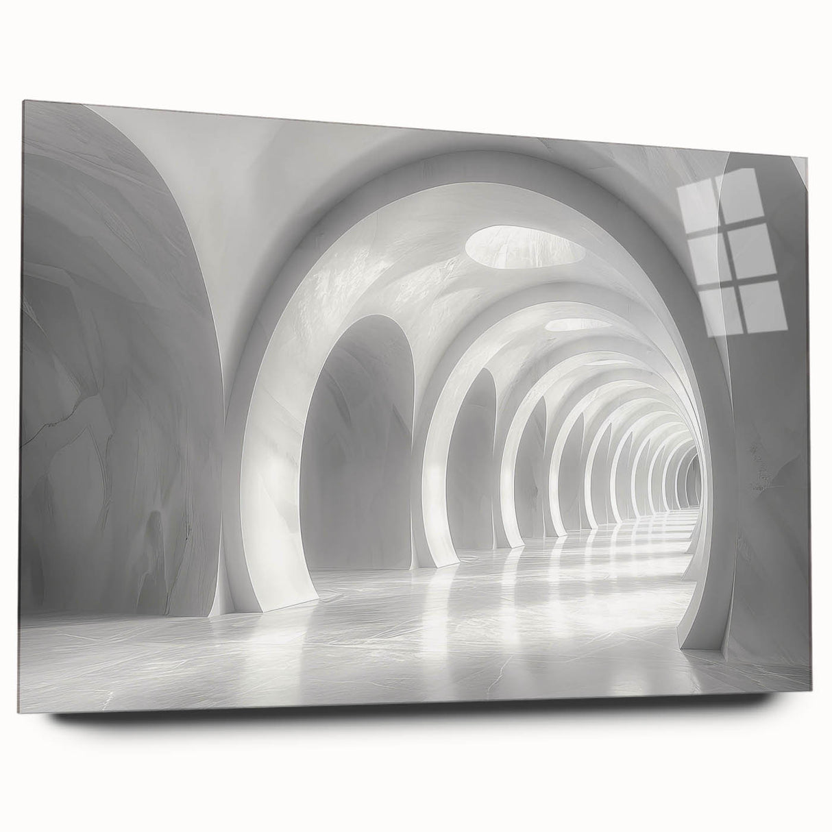 Large abstract wall art of arches in muted earth tones on acrylic glass, ideal for bedroom or dining room decor.