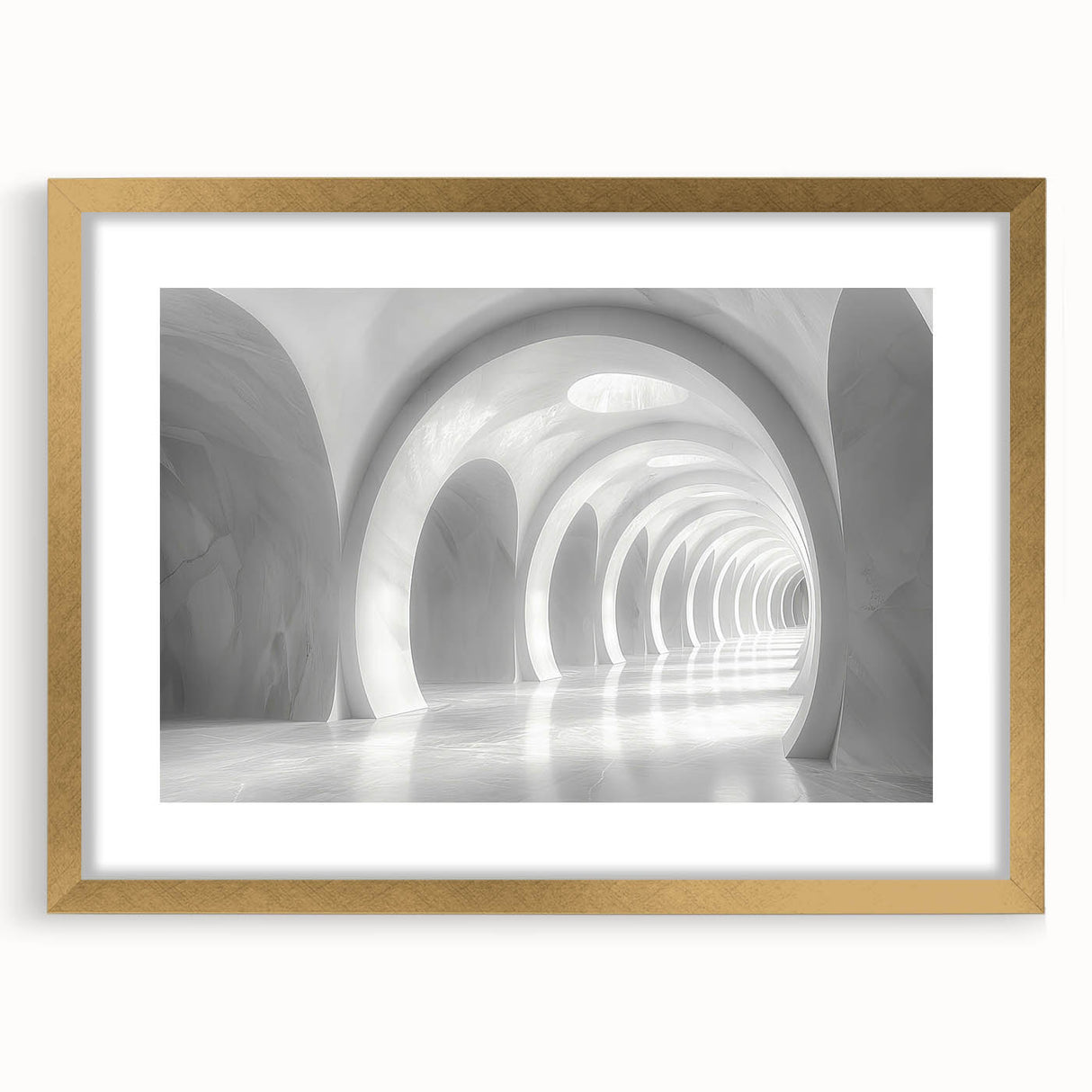 Abstract art print featuring curved architectural forms in muted beige and white, framed in gold.