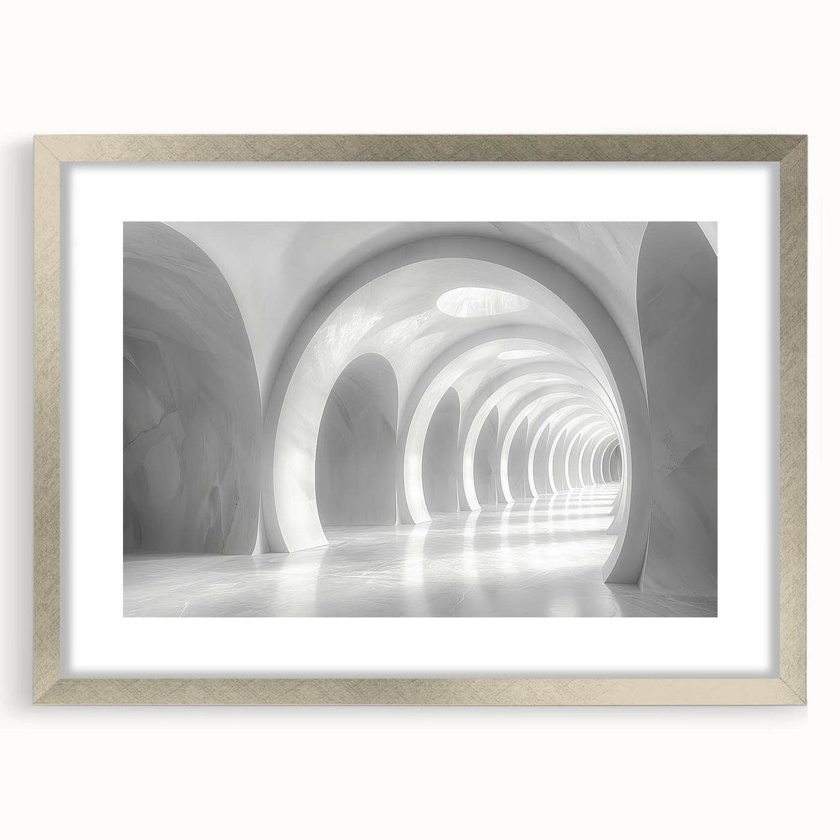 Textured art depicting abstract arches in muted gray and blue tones on a framed silver canvas.