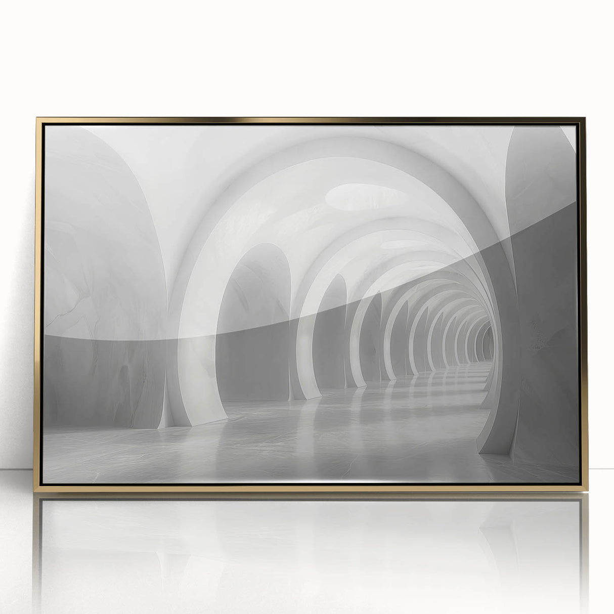 Mid-century modernist art of architectural arches in gold and white tones, acrylic print, ideal for nursery wall art.
