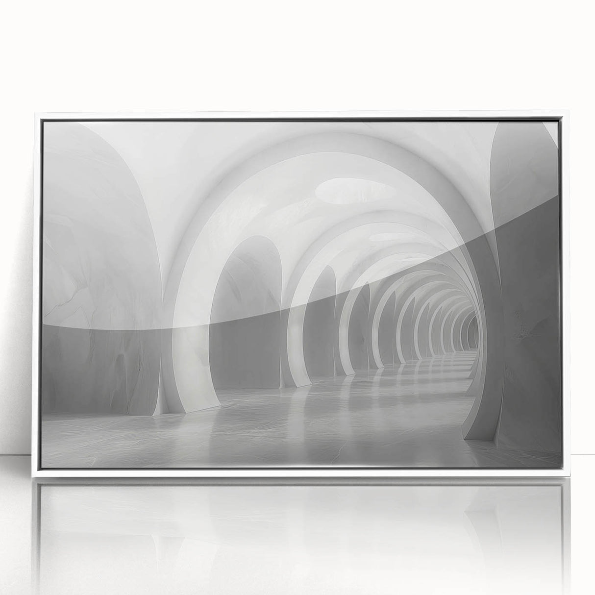 Mid-century modernist arch design in muted beige and white tones on a framed acrylic, suitable for nursery wall art.