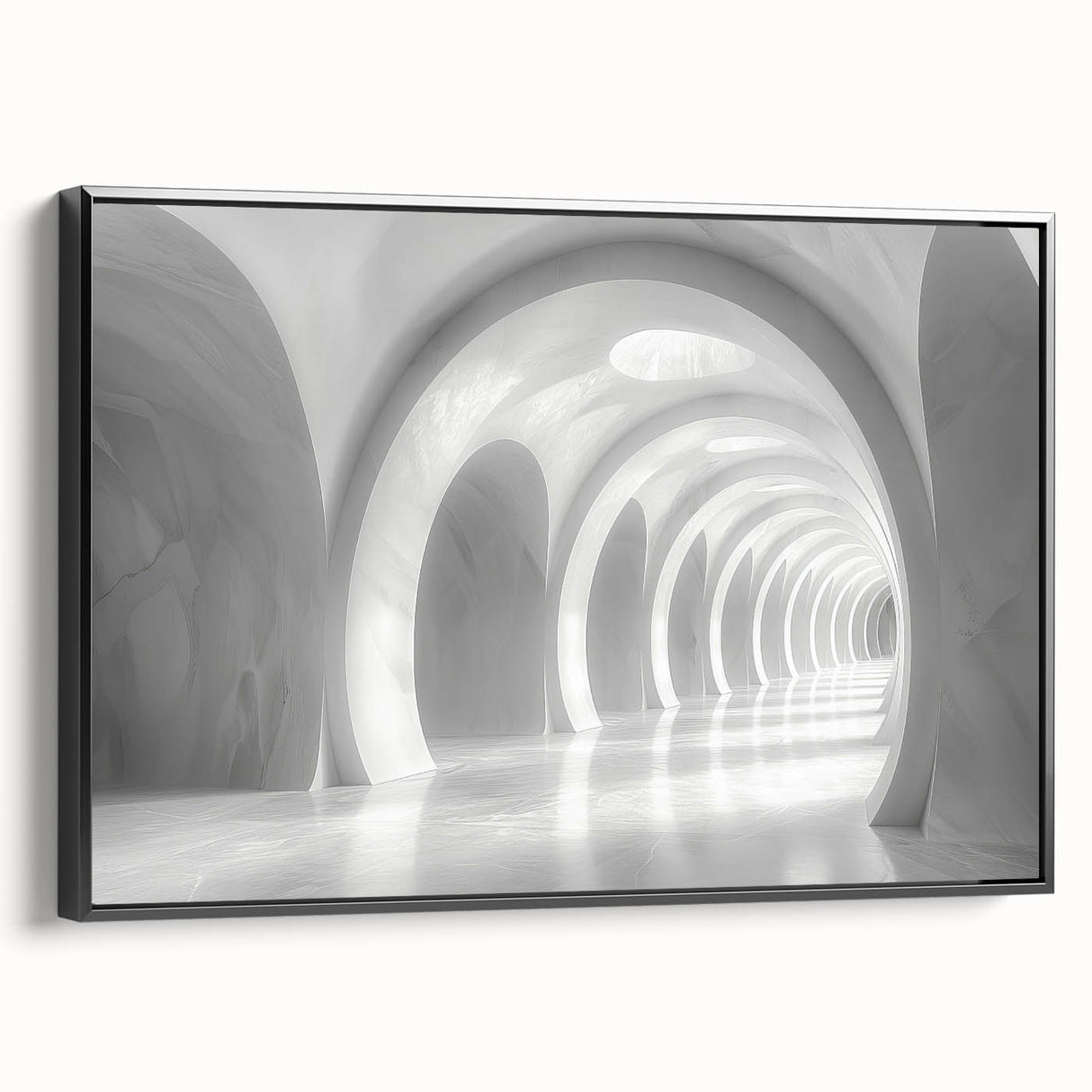 Black and white framed canvas of an architectural arches design, ideal for bedroom wall decor.
