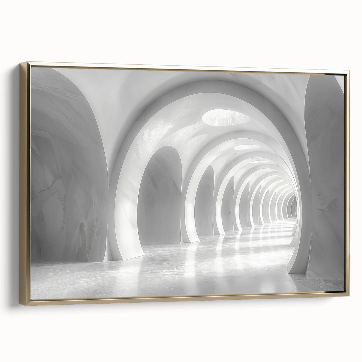 Vintage poster art of architectural arches in black and gold on a framed canvas, ideal for living room decor.
