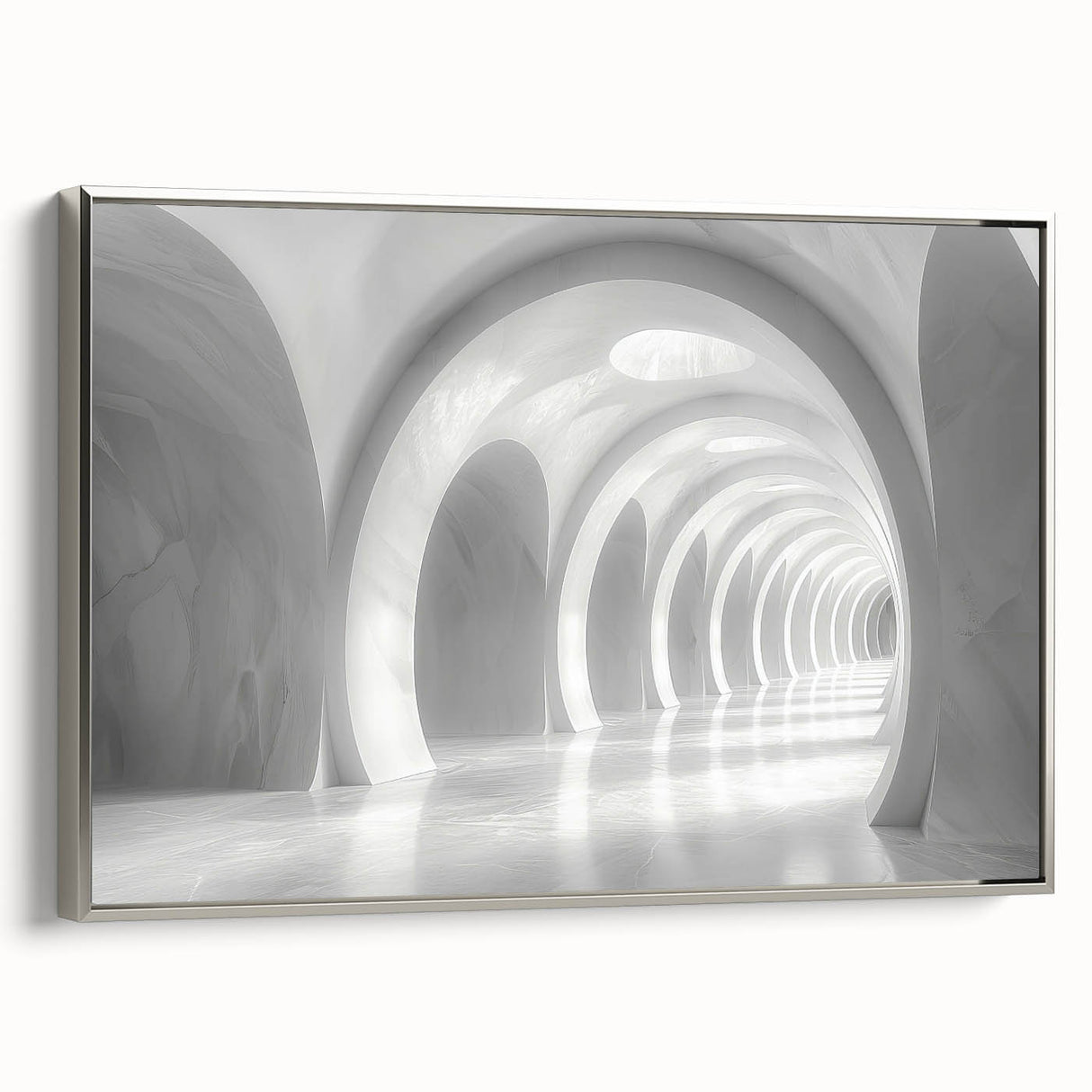 Vintage poster art of architectural arches in black and silver tones on framed canvas, ideal for bedroom wall decor.
