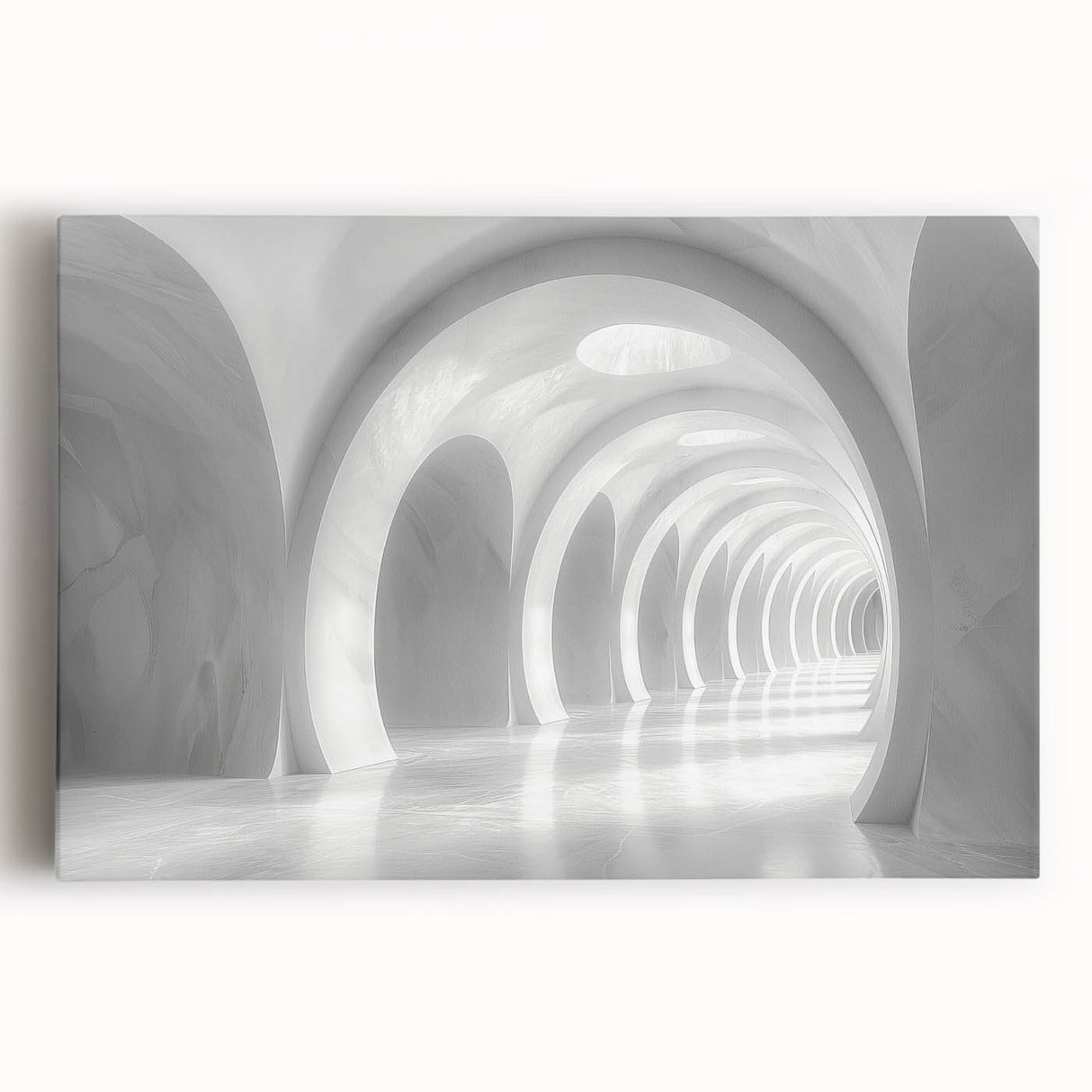 Black and white photo of architectural arches on stretched canvas, ideal for kitchen wall art.