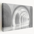 Architectural design with repeating arches in monochrome shades on stretched canvas, suitable for kitchen wall art.