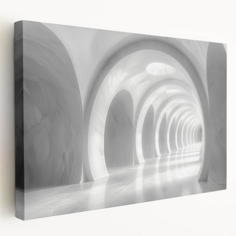 Architectural design with repeating arches in monochrome shades on stretched canvas, suitable for kitchen wall art.