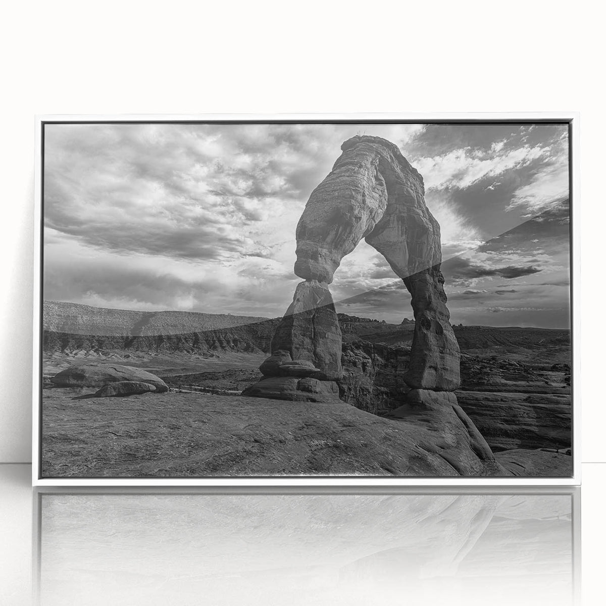 Mid-century modernist arch design in neutral tones on a framed acrylic print, suitable for modern art wall decor.