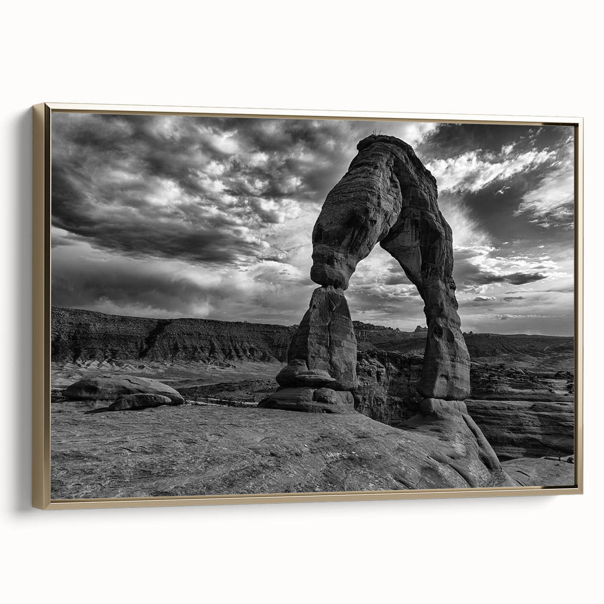 Framed canvas featuring a vintage landscape painting with colorful arches and black background, ideal for office decor.