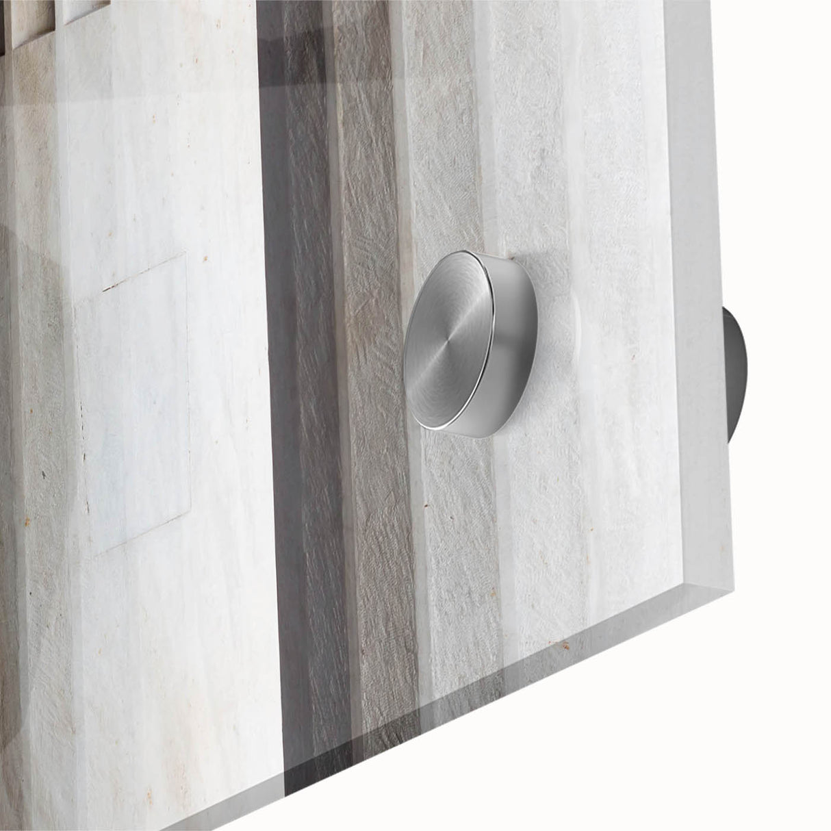 Close-up of a large abstract wall art on acrylic glass featuring mid-century modernist columns in gray tones.