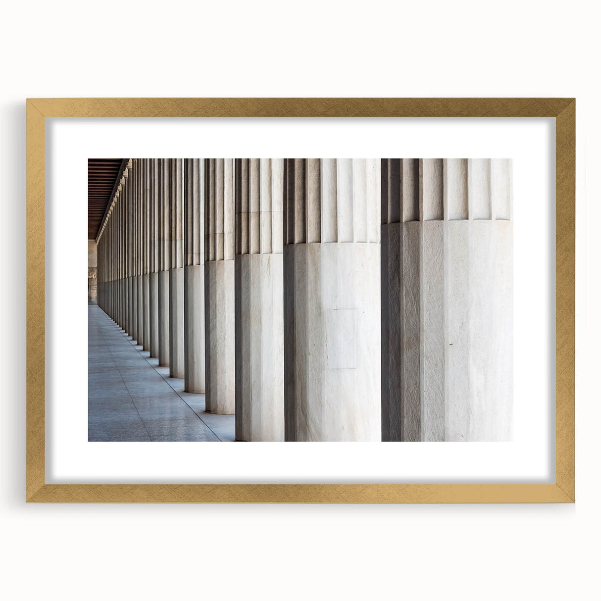Extra large abstract art print featuring textured columns in muted gold tones on a framed canvas.