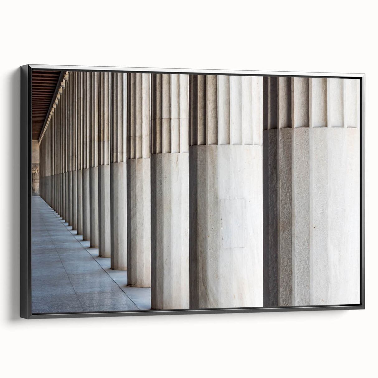 Black and white framed canvas featuring a vintage-style landscape with architectural columns, ideal for bedroom wall decor.