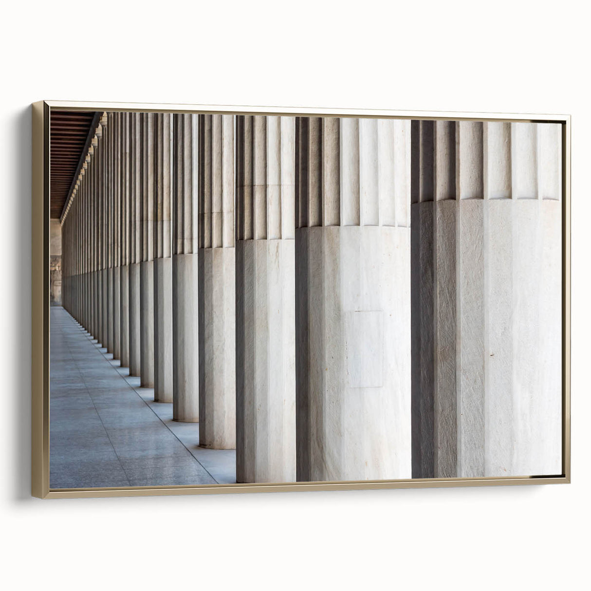 Framed canvas featuring a vintage poster of architectural columns in black, ideal for bedroom wall decor.