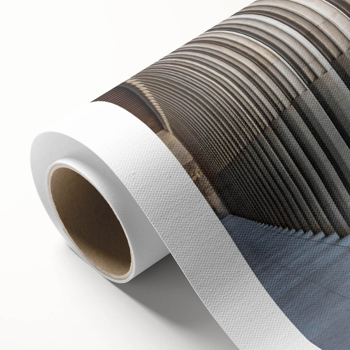 Art deco poster featuring symmetrical columns in muted beige and white on rolled canvas.