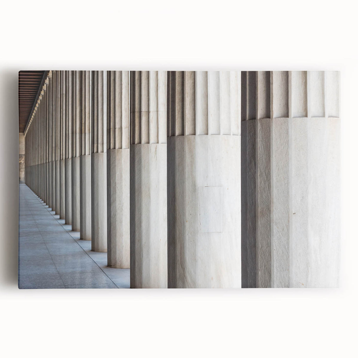 Black and white photo of classical columns on stretched canvas, ideal for kitchen wall art.