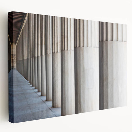 Side view of a large art print on canvas depicting classical architectural columns in monochrome.