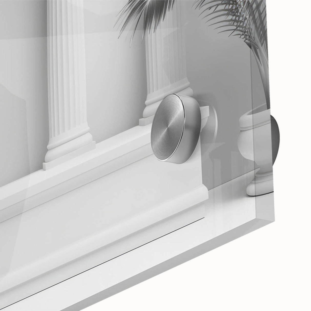 Acrylic glass print of large abstract columns in gray tones, ideal for dining room art in a mid-century modernist style.