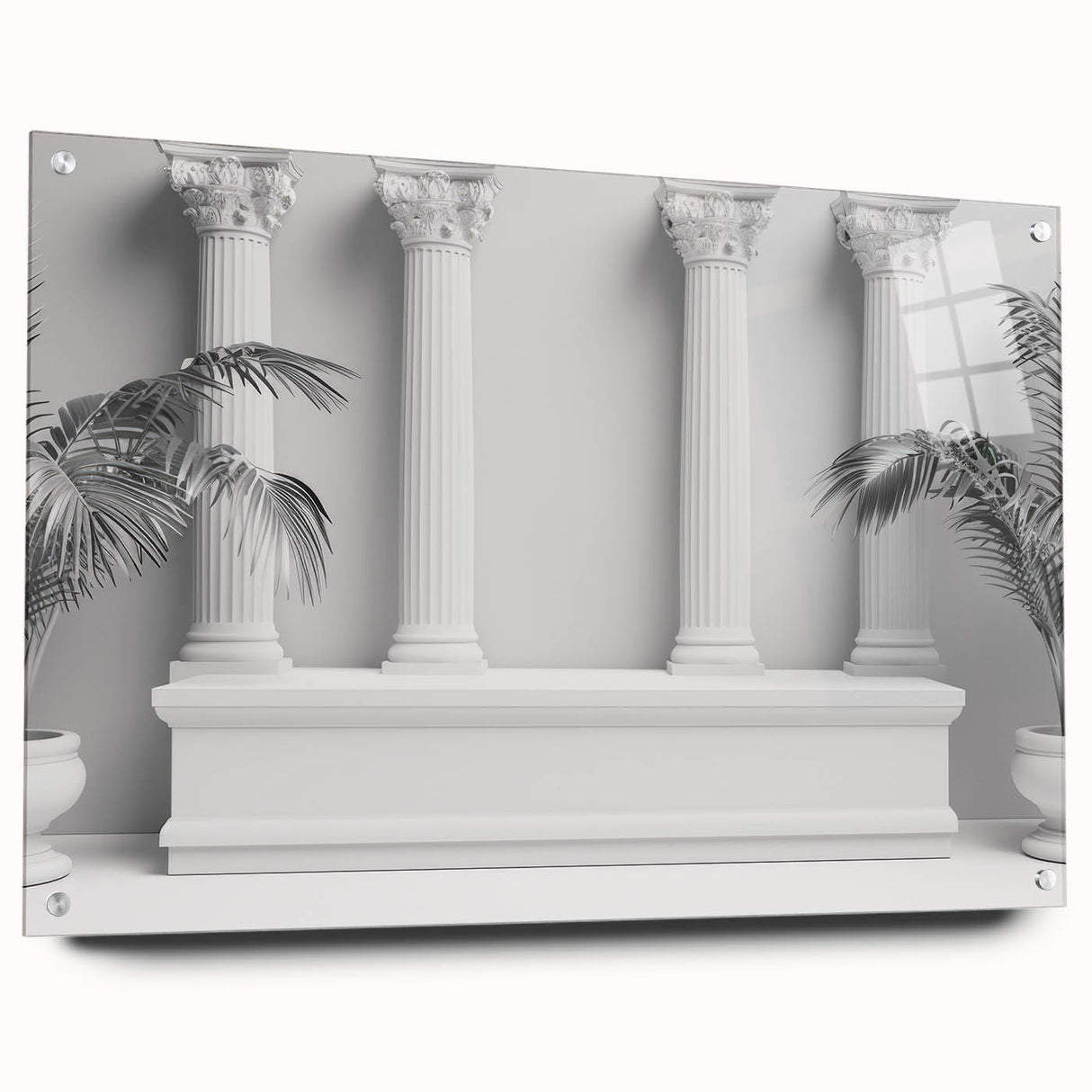 Large abstract wall art on acrylic glass showcasing architectural columns in grayscale.