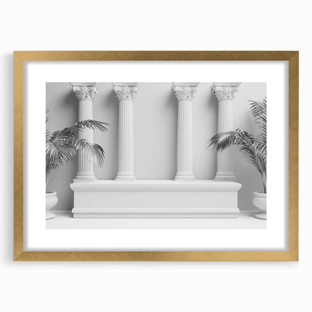 Extra large abstract art print featuring textured columns in shades of gray and gold, framed with a mat.
