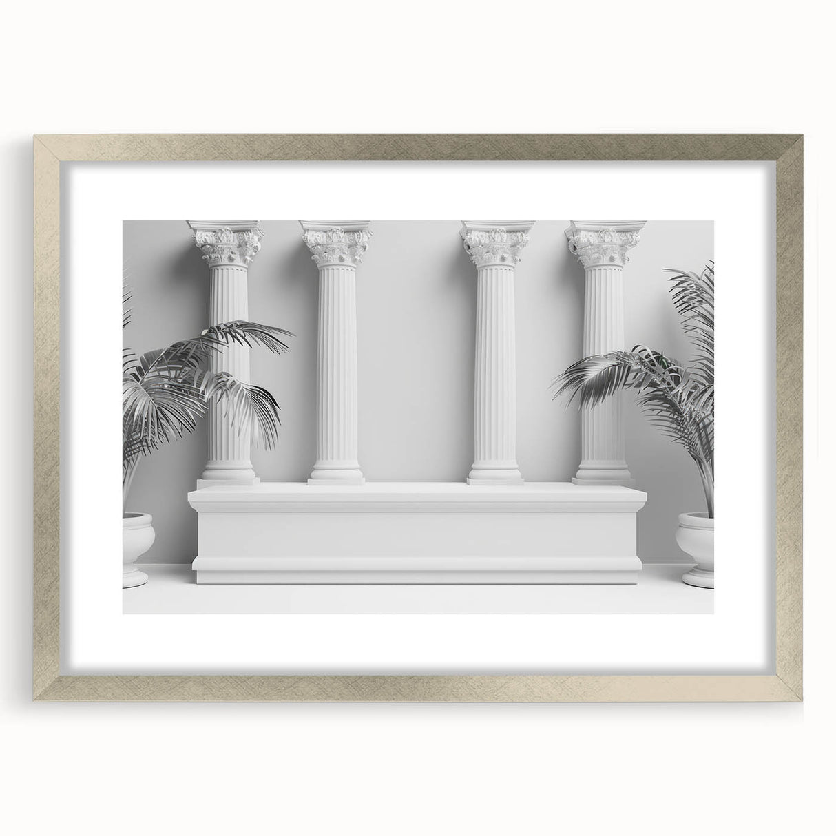 Textured abstract art print featuring a series of vertical columns in muted earth tones, framed in silver.