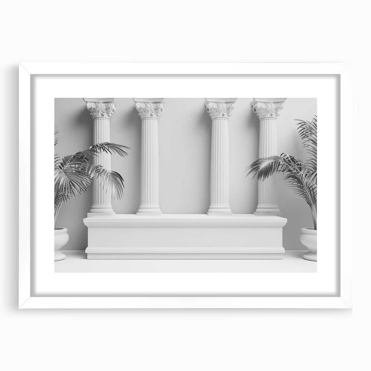 Abstract art print featuring white and grey geometric columns on a black background, framed with a white mat.