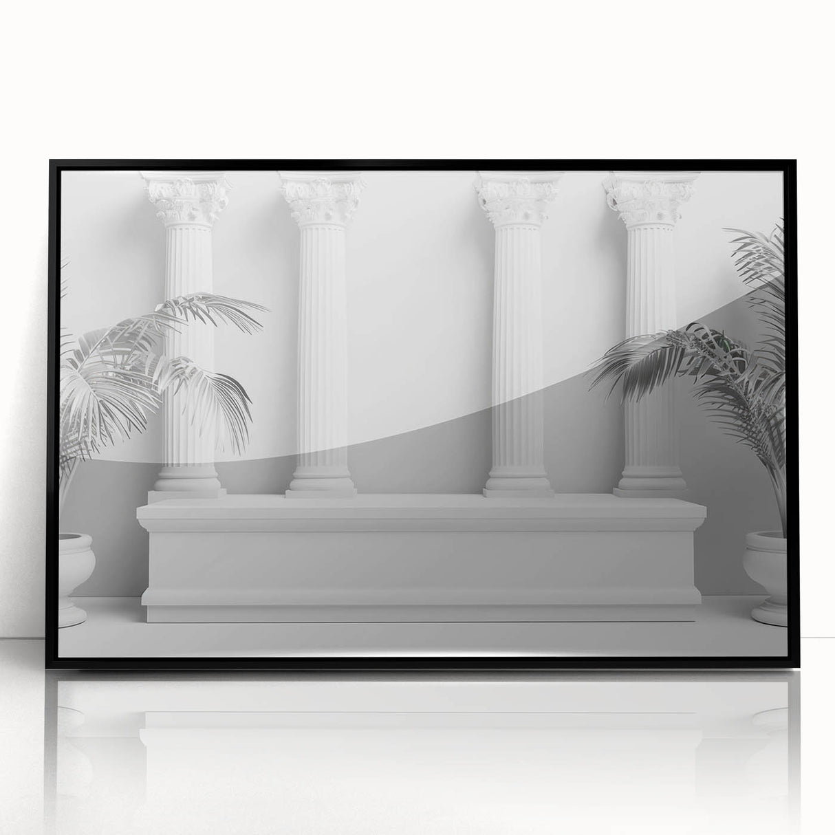 Large abstract wall art featuring mid-century modernist architecture with columns in muted earth tones on framed acrylic.