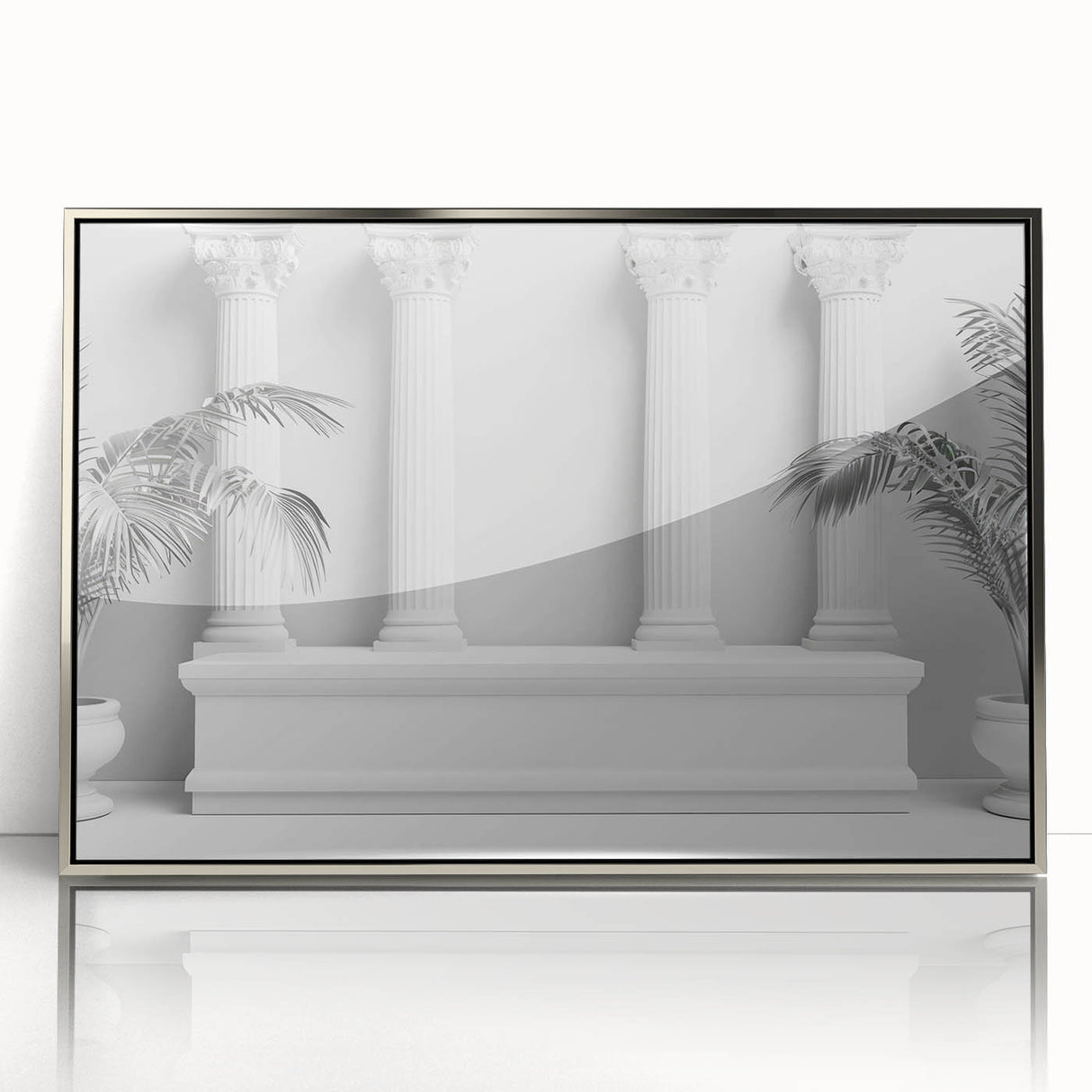Mid-century modernist art featuring silver architectural columns on a framed acrylic print, suited for nursery wall decor.