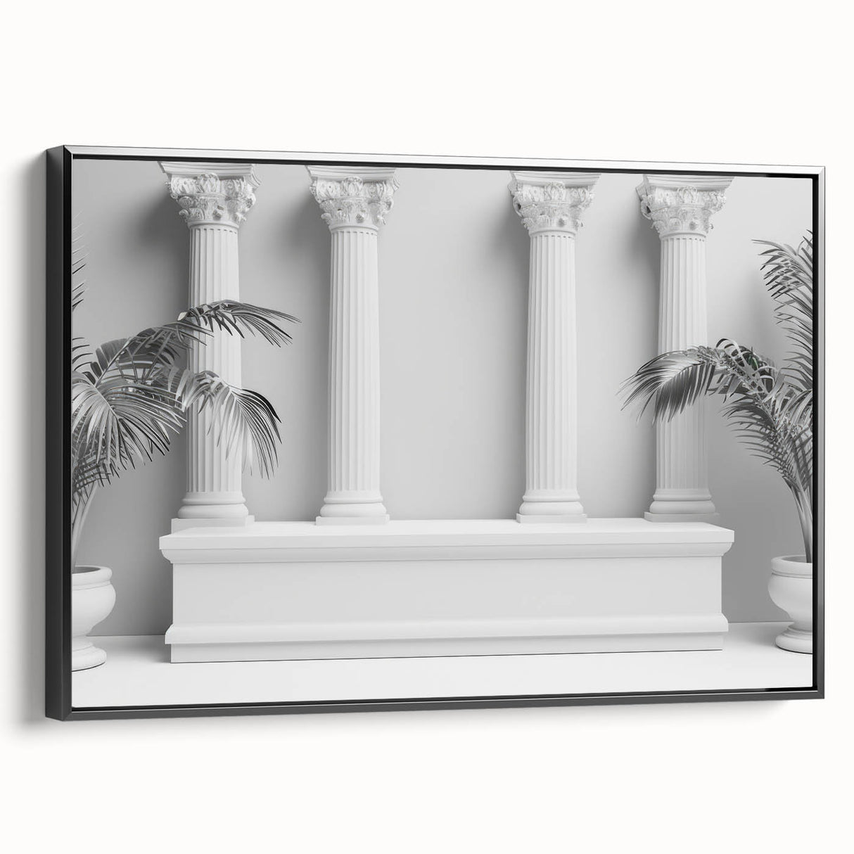 Black and white wall art featuring vintage poster art of classical architectural columns, printed on framed canvas.