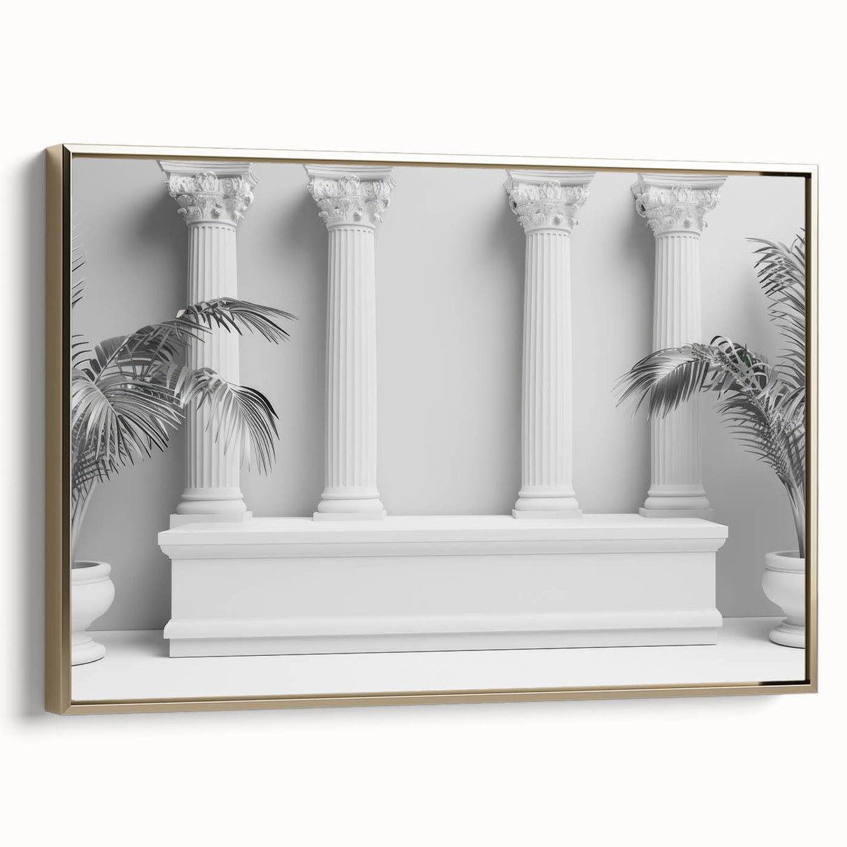 Framed canvas featuring a black and gold vintage poster of architectural columns, ideal for bedroom wall art.