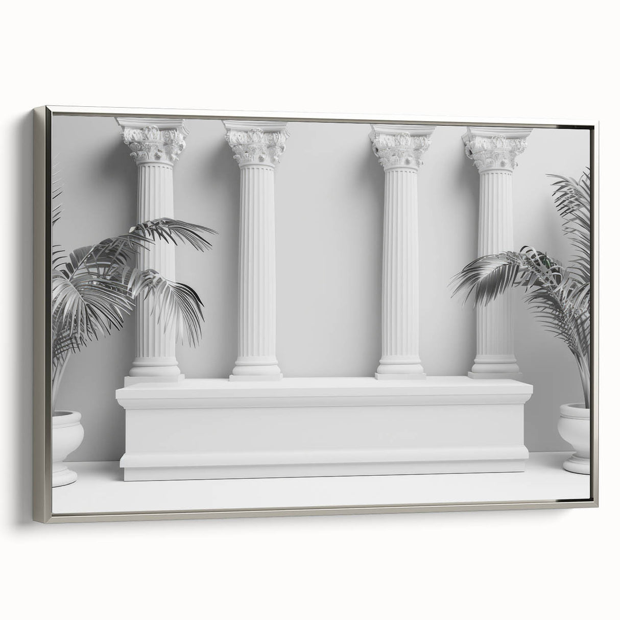 Framed canvas of a vintage poster featuring architectural columns in black with colorful accents, ideal for office decor.