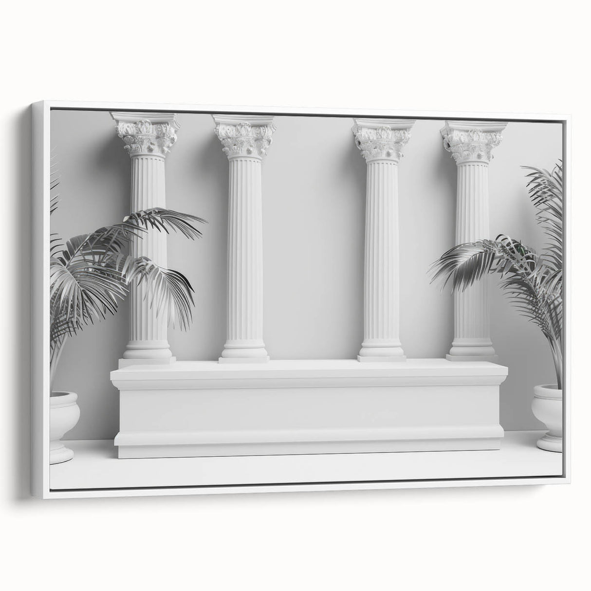 Vintage poster art of classical columns in black and white on framed canvas, ideal for living room decor.