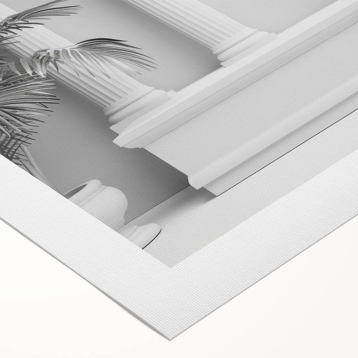 Art deco poster featuring a monochrome sketch of architectural columns on rolled canvas.