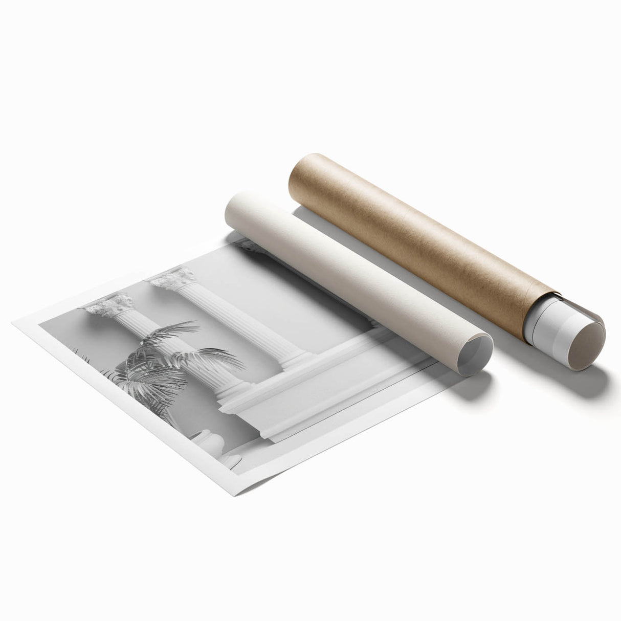 Extra large rolled print featuring a detailed floral design on architectural columns, in muted earth tones.