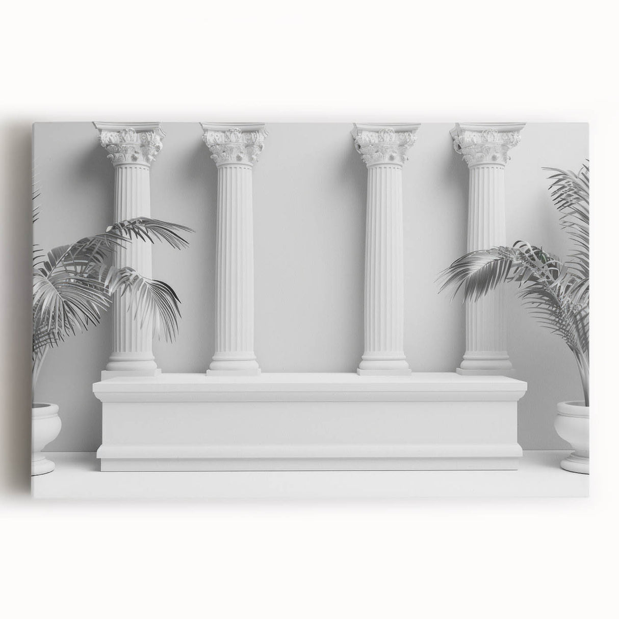Black and white photo of classical columns on a stretched canvas, suitable for kitchen wall art.