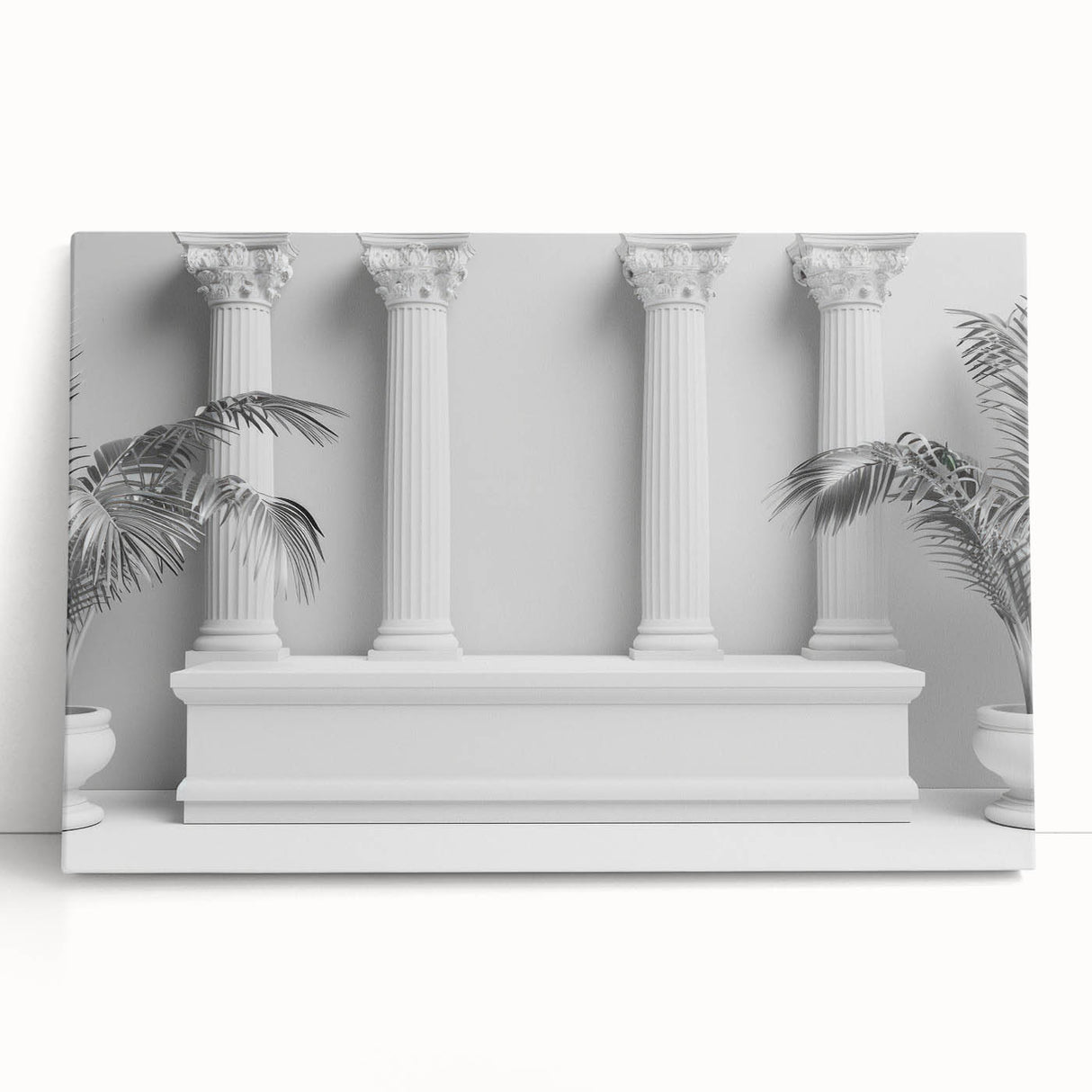 Black and white photo of classical columns on stretched canvas, suitable as large kitchen wall art or bedroom decor.