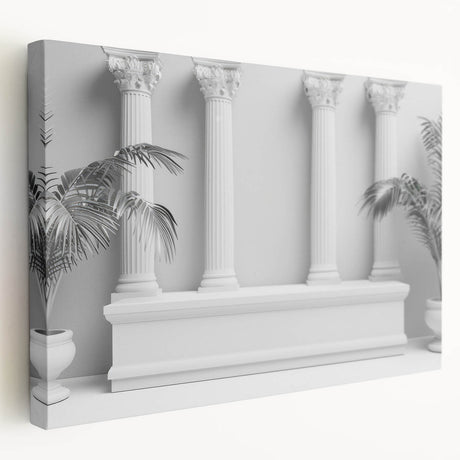 Side view of a large art print on stretched canvas featuring a detailed design of classical architecture columns in…