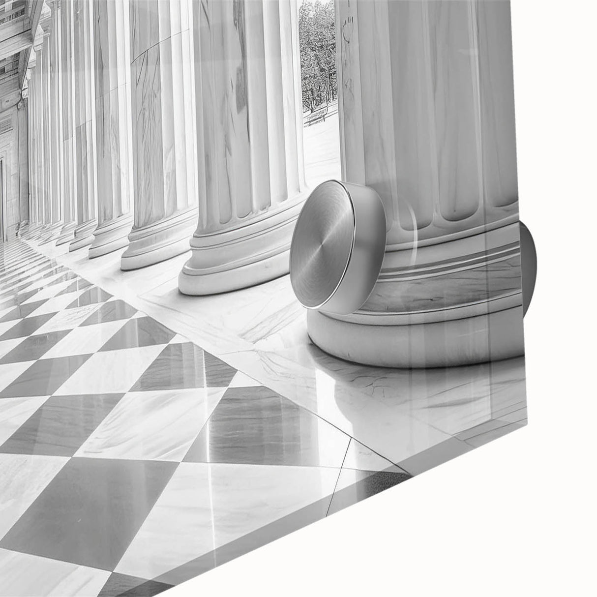 Close-up of large abstract wall art on acrylic, featuring mid-century modernist column designs in neutral shades.