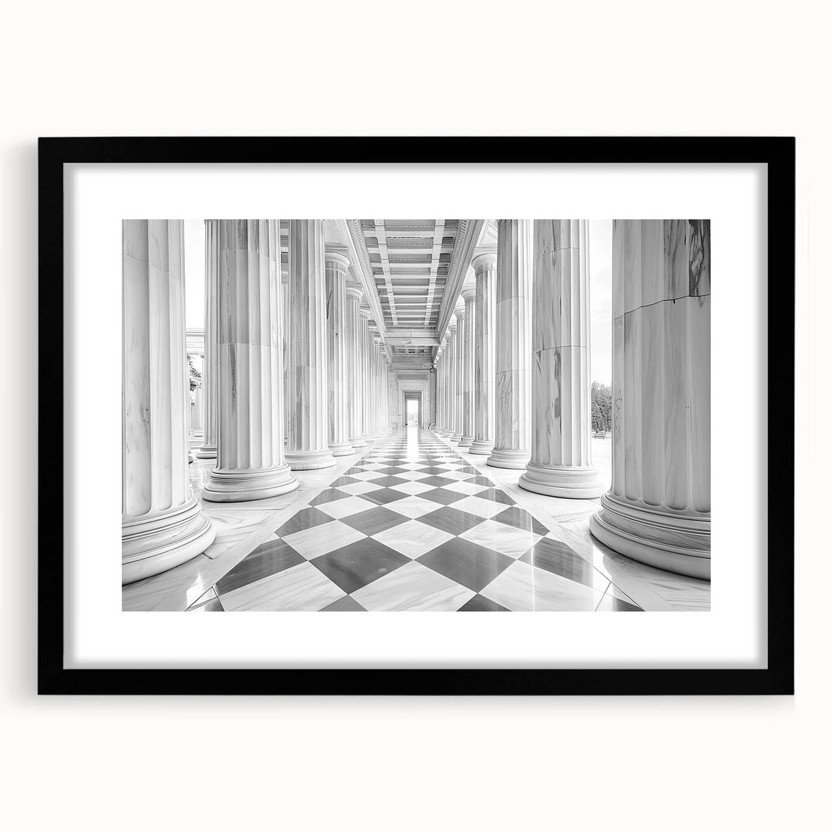 Extra large abstract art print featuring colorful, textured columns, ideal for living room decor, in a black frame with mat.