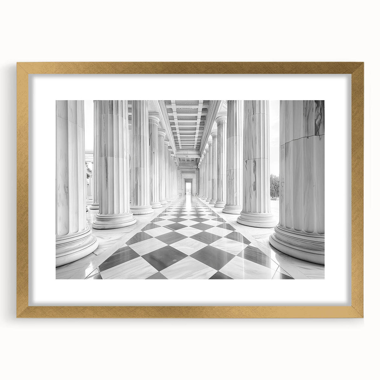 Extra large abstract art print featuring textured columns in muted gold, framed, ideal for living room decor.